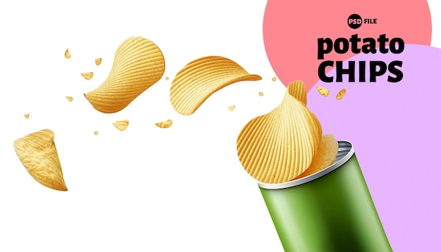 PSD psd crispy potato chips rolled out of the green cylinder transparent background