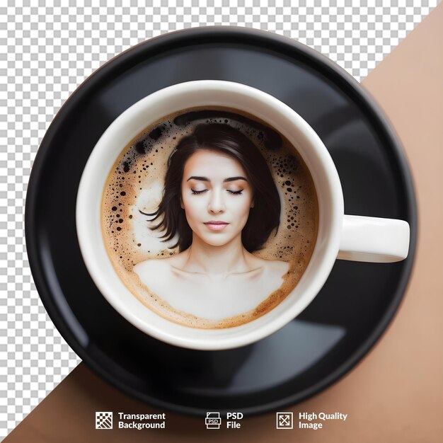 PSD a cup of coffee with a picture of a woman on it transparent background