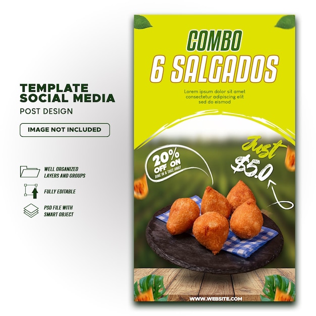 PSD delecious salgados and food menu instagram and facebooktstories template