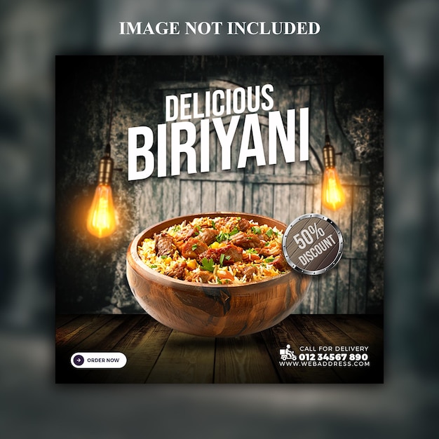 PSD delicious biriyani food menu social media banner or Instagram post template design