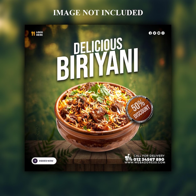 PSD delicious biriyani food menu social media banner or Instagram post template design