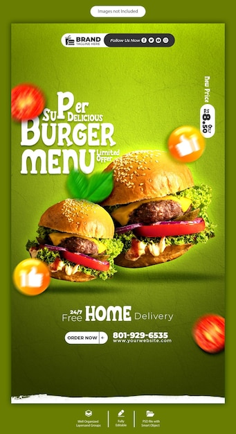 PSD delicious burger and food menu Instagram and Facebook story template