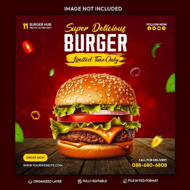 PSD delicious burger menu promotion instagram post or square web banner social media template