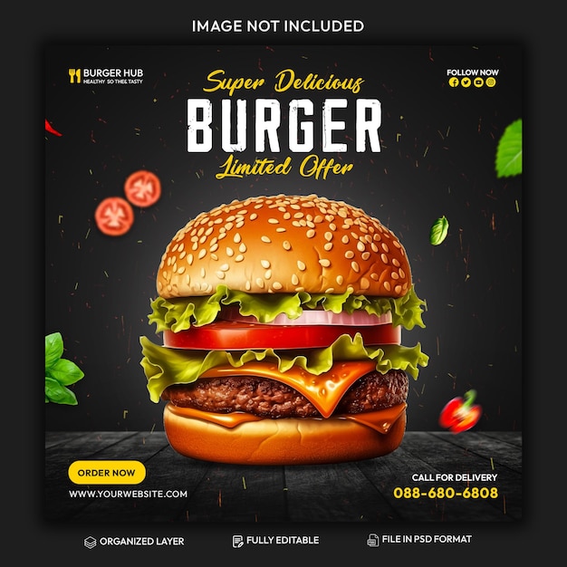 PSD delicious burger menu promotion instagram post or square web banner social media template