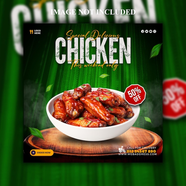 PSD delicious Chicken food menu social media banner or Instagram post template design