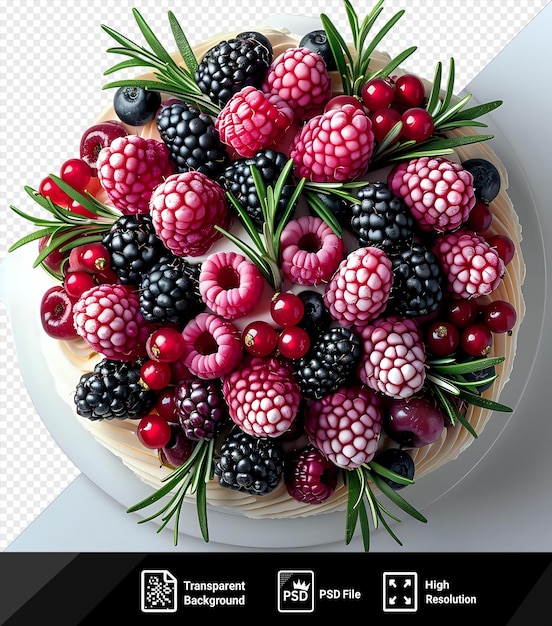 psd delicious festive cake with fresh raspberries blackberries and rosemary on a wooden transparent background png