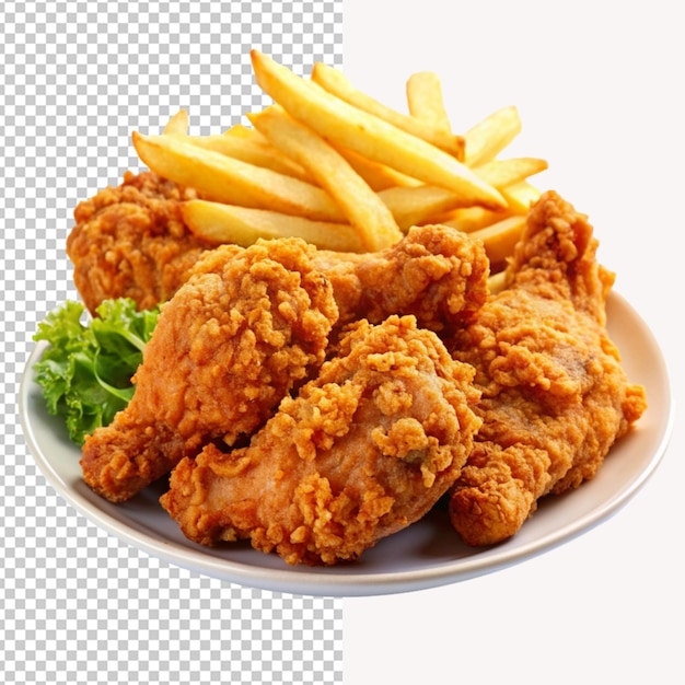 PSD of a delicious fried chicken with french fries isolated on transparent background