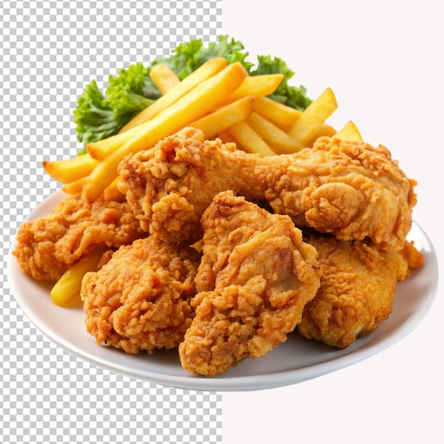 PSD of a delicious fried chicken with french fries isolated on transparent background