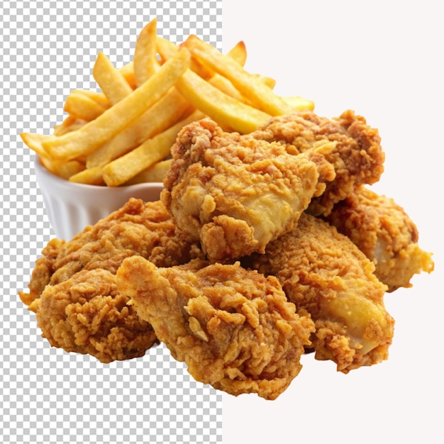 PSD of a delicious fried chicken with french fries isolated on transparent background