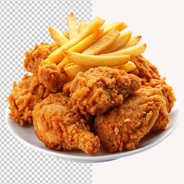 PSD of a delicious fried chicken with french fries isolated on transparent background