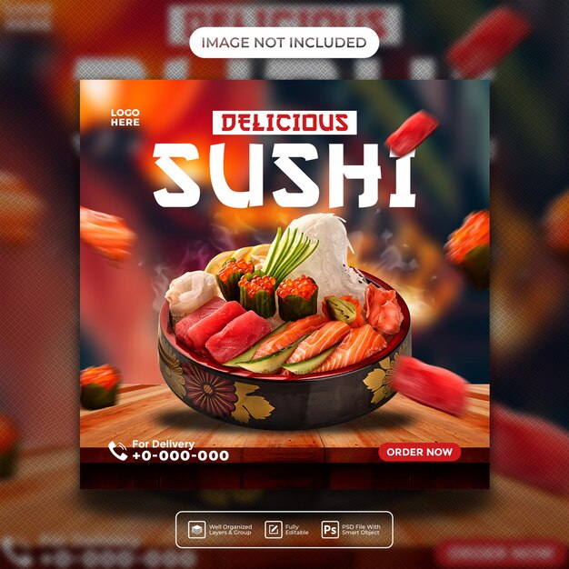 PSD delicious sushi menu social media post or square flyer banner template