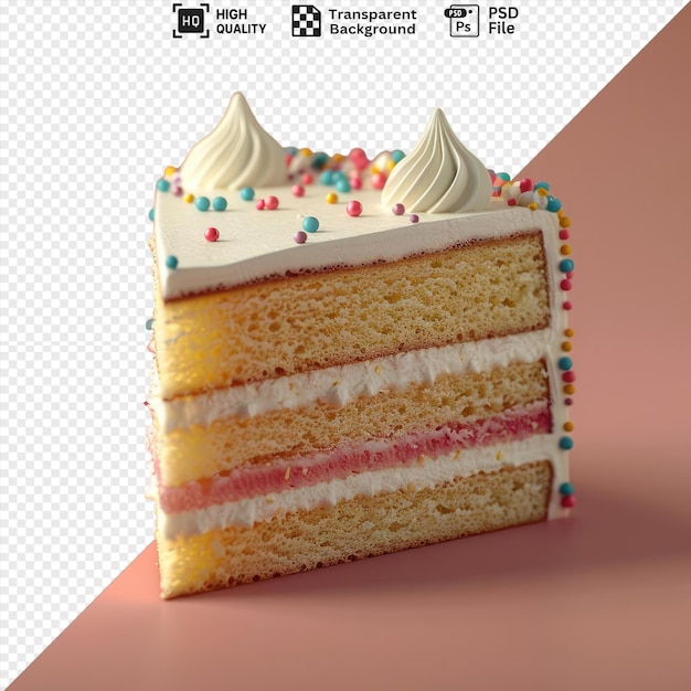 psd delicious vanilla cake slice with white frosting and colorful sprinkles on pink background