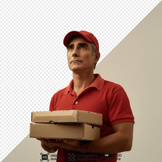 PSD psd delivery man employee red cap blank tshirt uniform holding pizza box food containers with paper bag presenting with arm of hand looking confident standing in front of white wall