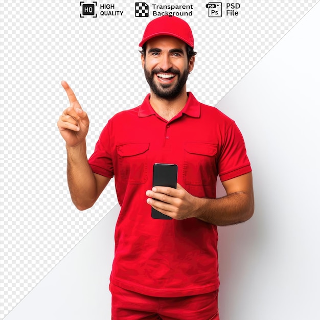 psd delivery man employee red cap blank tshirt uniform holding smartphone pointing with index finger it looking camera with smile happy face standing in front of white wall png