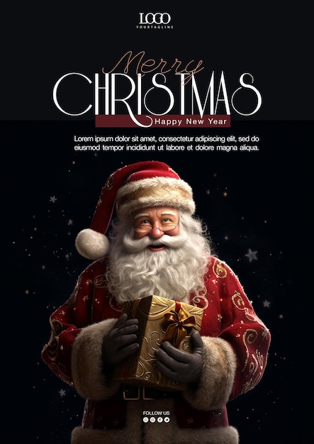 PSD design merry christmas banner template with santa claus carrying a sack of gifts