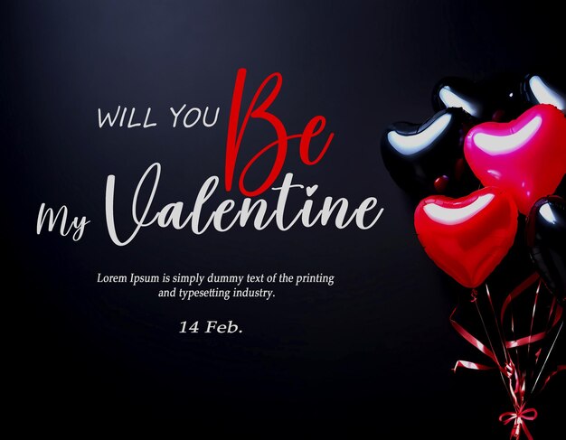 Psd design will you be my valentine happy valentines day with black background