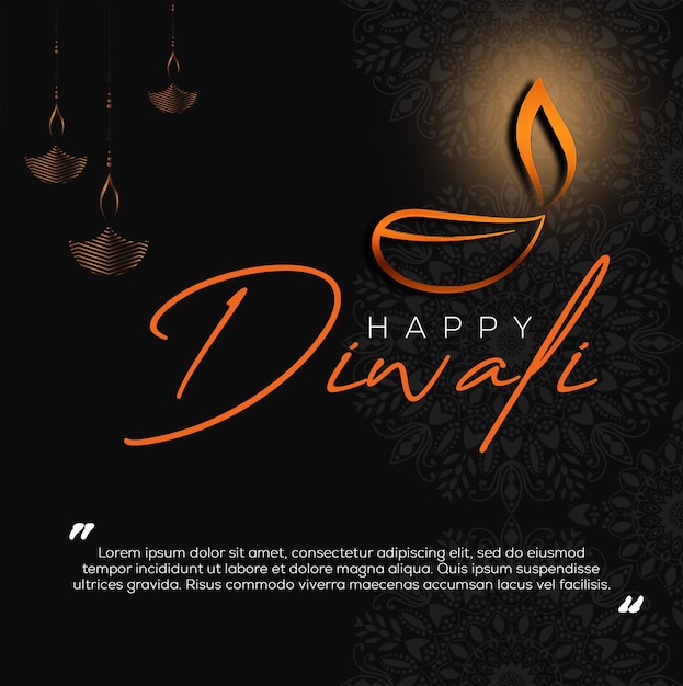 PSD psd diwali banner wish post in black colour with golden diya decorations