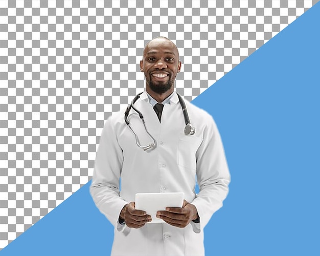 PSD psd doctor in a lab coat is holding a tablet with a transparent background