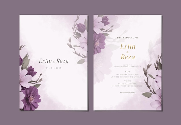 psd double sided wedding invitation card template with flowers