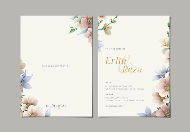 psd double sided wedding invitation card template with flowers