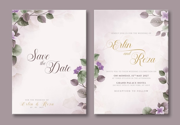 psd double sided wedding invitation template with flower