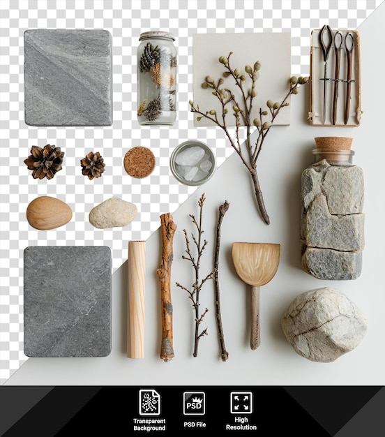 psd earth day item set a collection of natural elements including rocks twigs leaves and flowers displayed on a transparent background with a wooden spoon