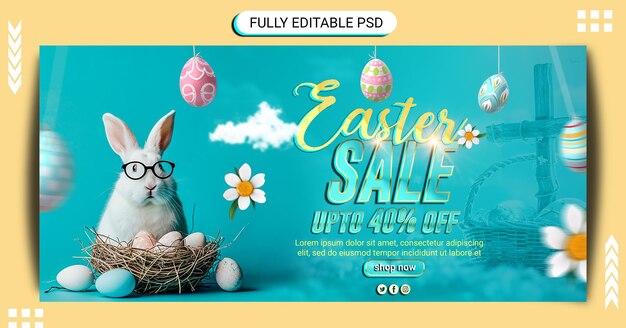 PSD psd easter discount sale banner for social media editable post with egg spring flower and rabbit