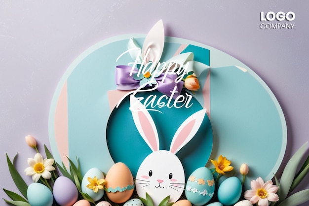 PSD Easter poster and banner template with Easter eggs in the nest on a light blue background