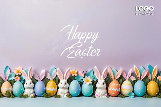 PSD Easter poster and banner template with Easter eggs in the nest on a light blue background