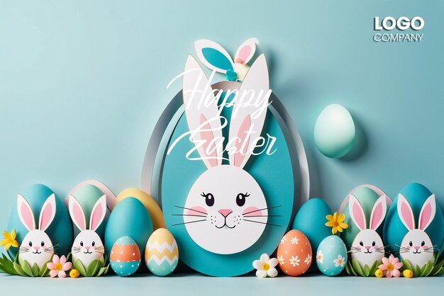 PSD Easter poster and banner template with Easter eggs in the nest on a light blue background