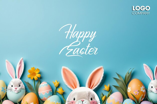 PSD Easter poster and banner template with Easter eggs in the nest on a light blue background