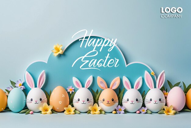 PSD Easter poster and banner template with Easter eggs in the nest on a light blue background