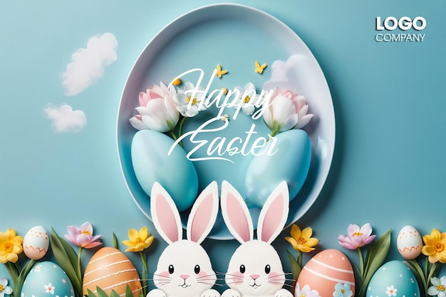 PSD Easter poster and banner template with Easter eggs in the nest on a light blue background