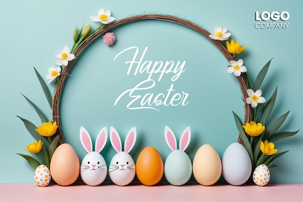 PSD Easter poster and banner template with Easter eggs in the nest on a light blue background