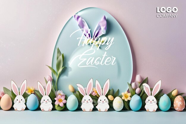 PSD Easter poster and banner template with Easter eggs in the nest on a light blue background