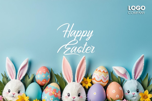 PSD Easter poster and banner template with Easter eggs in the nest on a light blue background