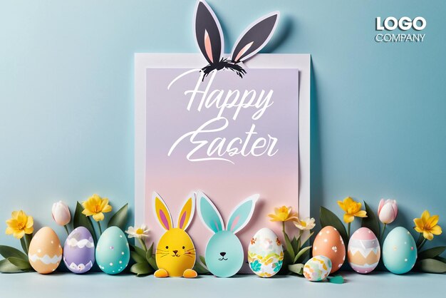 PSD Easter poster and banner template with Easter eggs in the nest on a light blue background