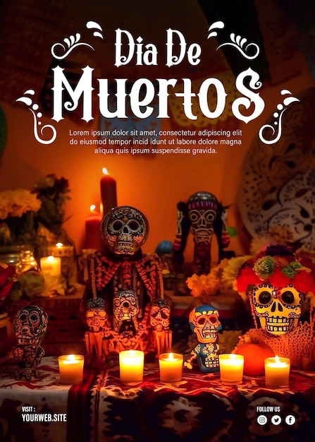 PSD Editable Day of The Dead or Dia de los Muertos Poster Design with Sugar Skulls Orange Flowers