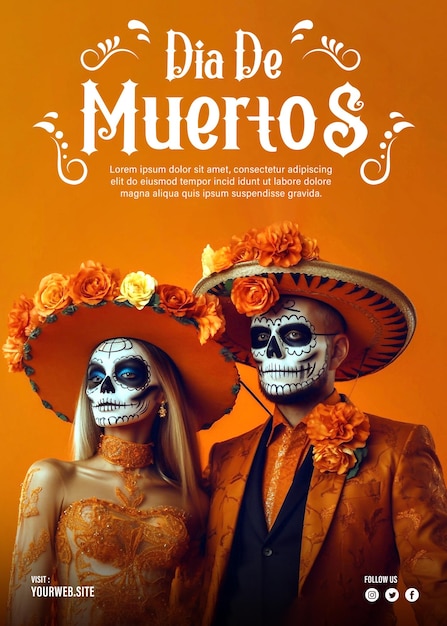 PSD Editable Sugar skull couple with sombrero hats Dia de los muertos Day of The Dead