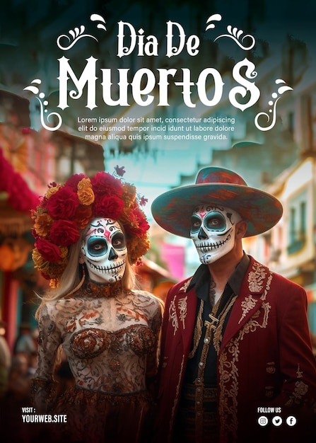 PSD Editable Sugar skull couple with sombrero hats Dia de los muertos Day of The Dead