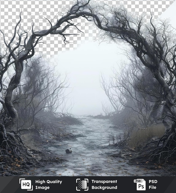 Psd eerie forest Halloween photo frame with bare tree and branch on transparent background