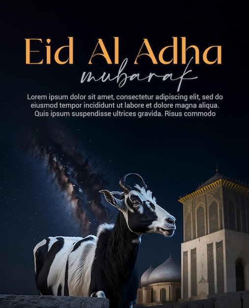 PSD eid al adha greeting poster with goad and mosque in the background eid ul adha poster template