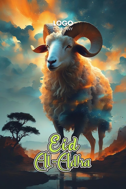 PSD an Eid al Adha greeting poster with a statue of a sheep poster template