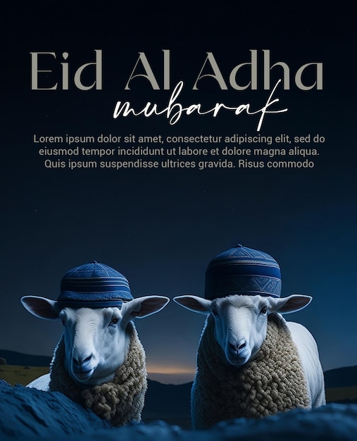 PSD eid al adha greeting poster with trendy sheep wearing Muslim cap Eid ul adha poster template