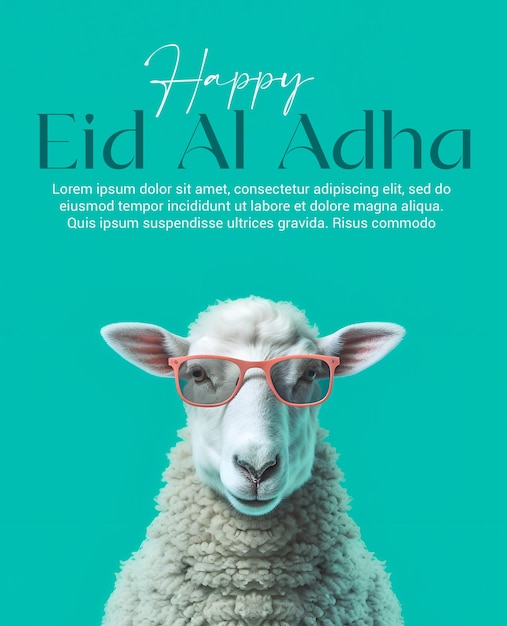 PSD Eid mubarak Eid al Adha poster trendy sheep wearing glasses against Turquoise background