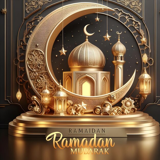 PSD eid mubarak ramadan kareem 3d golden mosque and moon islamic background