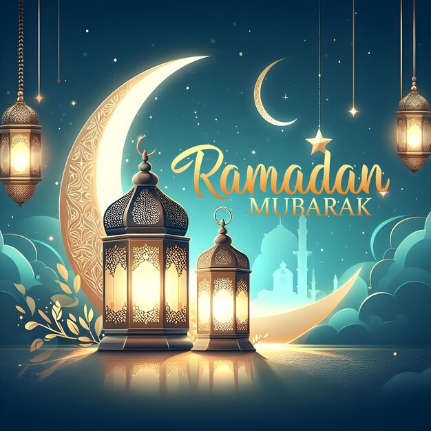 PSD eid mubarak ramadan kareem greetings background 3d lamp and moon islamic background