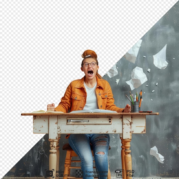 PSD psd excited young female tear paper teacher sitting desk with school tools classroom background wearing orange jacket blue and white shirt black glasses and blue jeans against a gray wall with