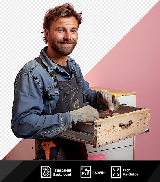 psd experienced repairman fixing a kitchen cabinet drawer in front of a pink wall wearing a blue shirt and gray glove with brown hair and a blue eye while holding an orange handle png