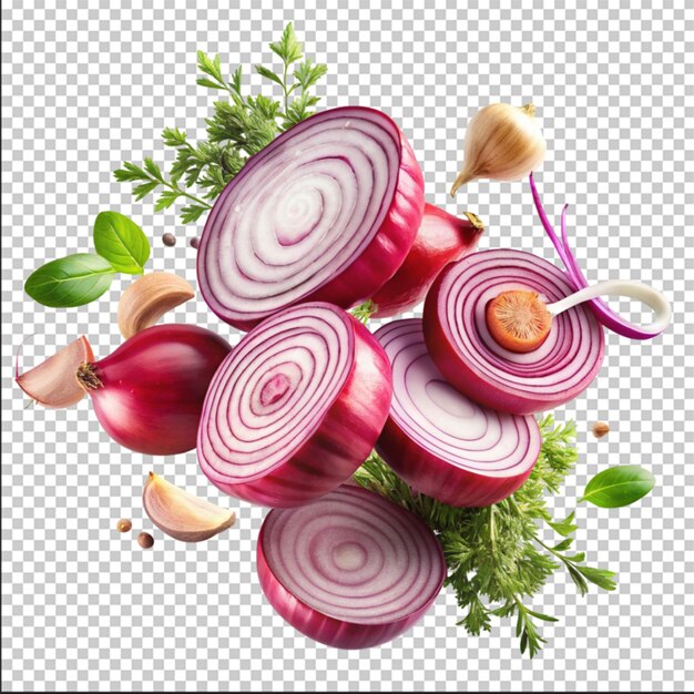 PSD psd falling sliced red onion rings isolated on white background